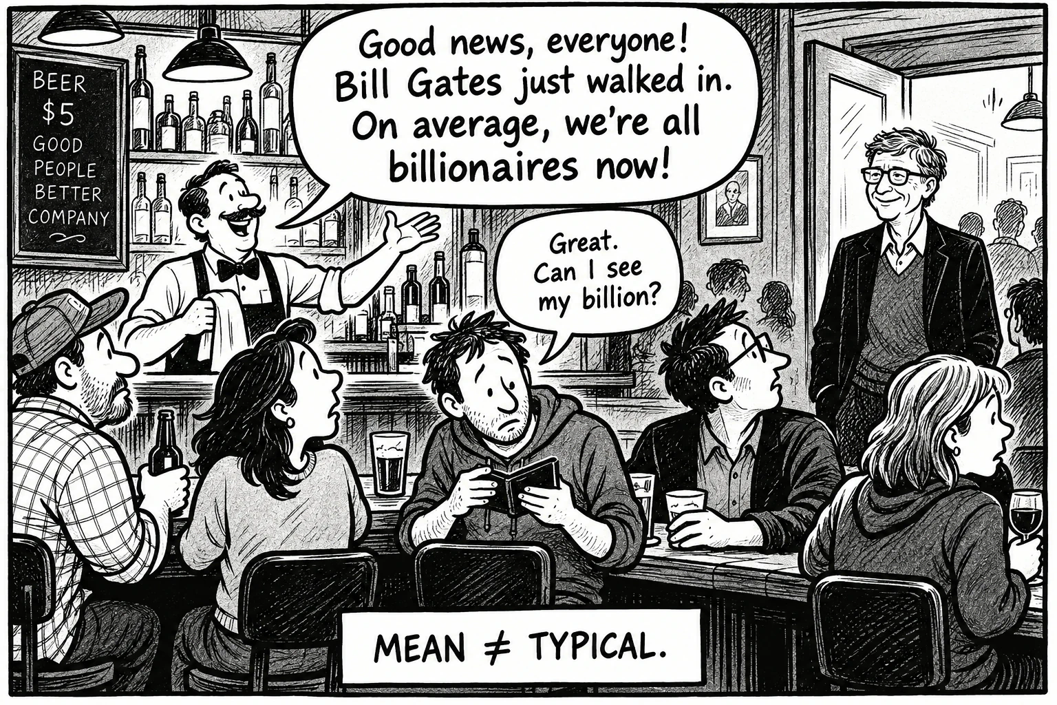 A cartoon in a bar. The bartender announces that, with Bill Gates walking in, everyone is a billionaire on average. A customer asks to see his billion. The caption reads, mean is not the same as typical.