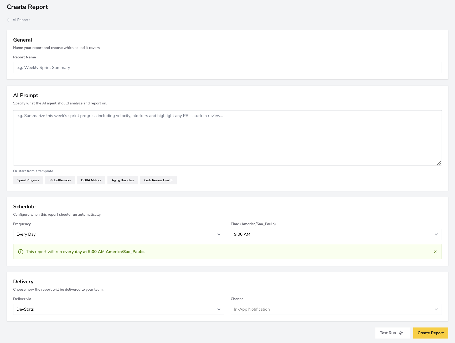 A seção Geral do formulario Create Report.