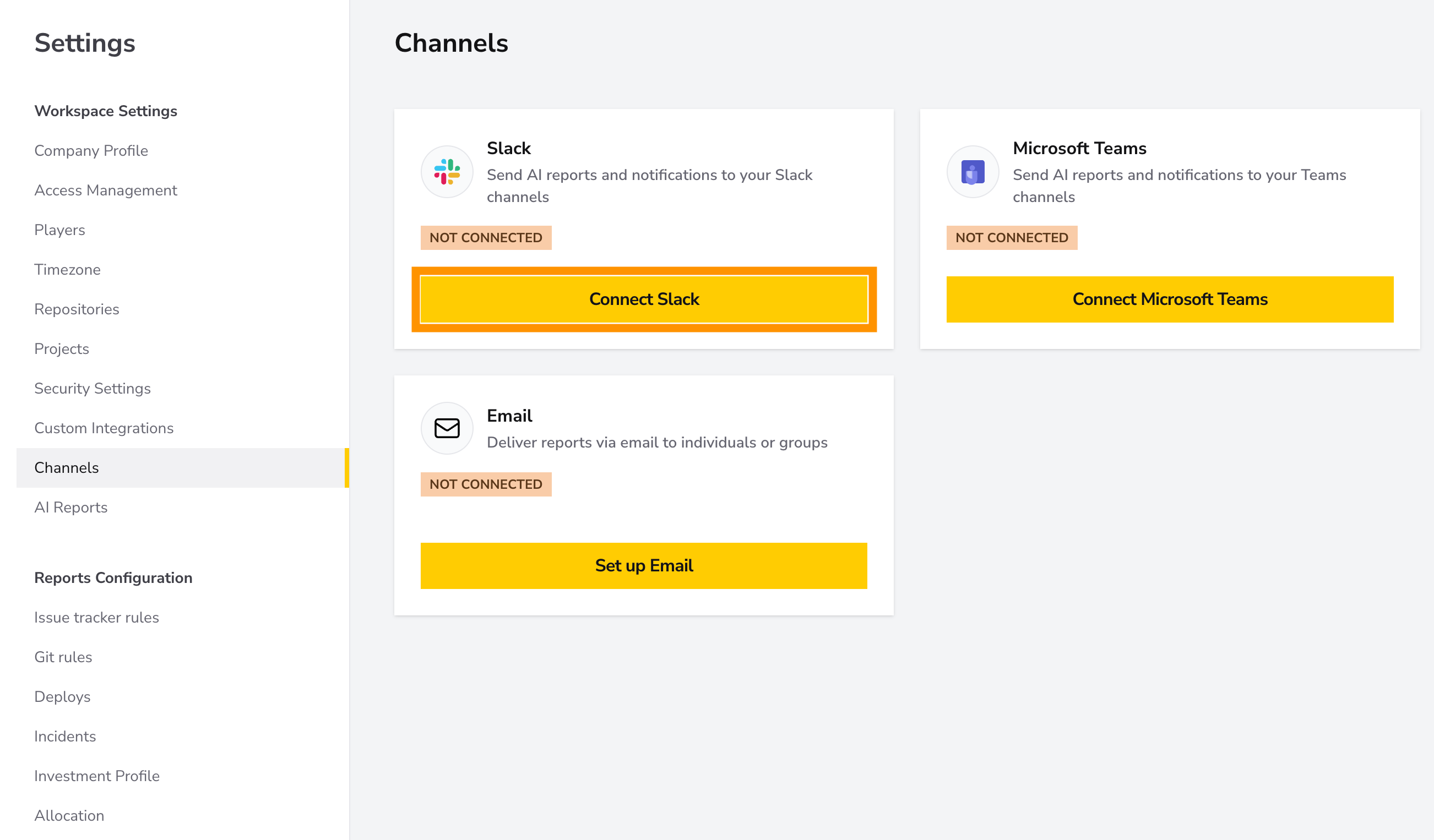 A página Channels com o botão Connect Slack destacado.