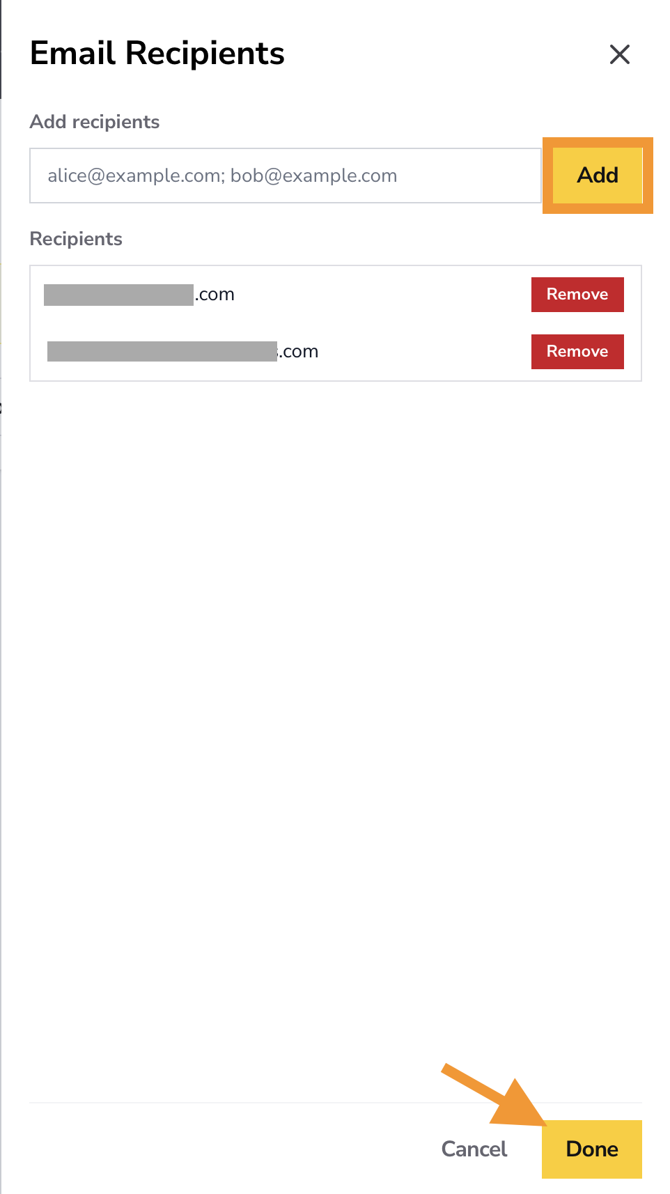 O modal Email Recipients mostrando destinatários existentes e o campo Add.