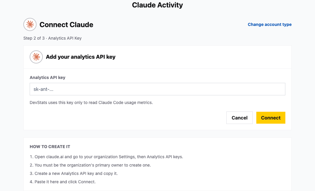 Formulário de conexão com Analytics API key do Claude Enterprise
