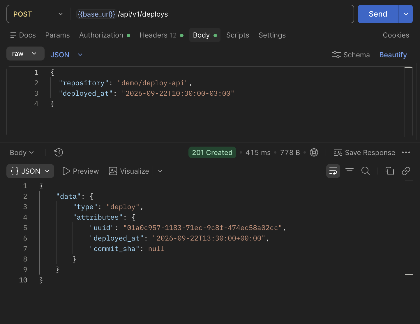 Requisição de deploy no Postman e resposta de sucesso 201 Created