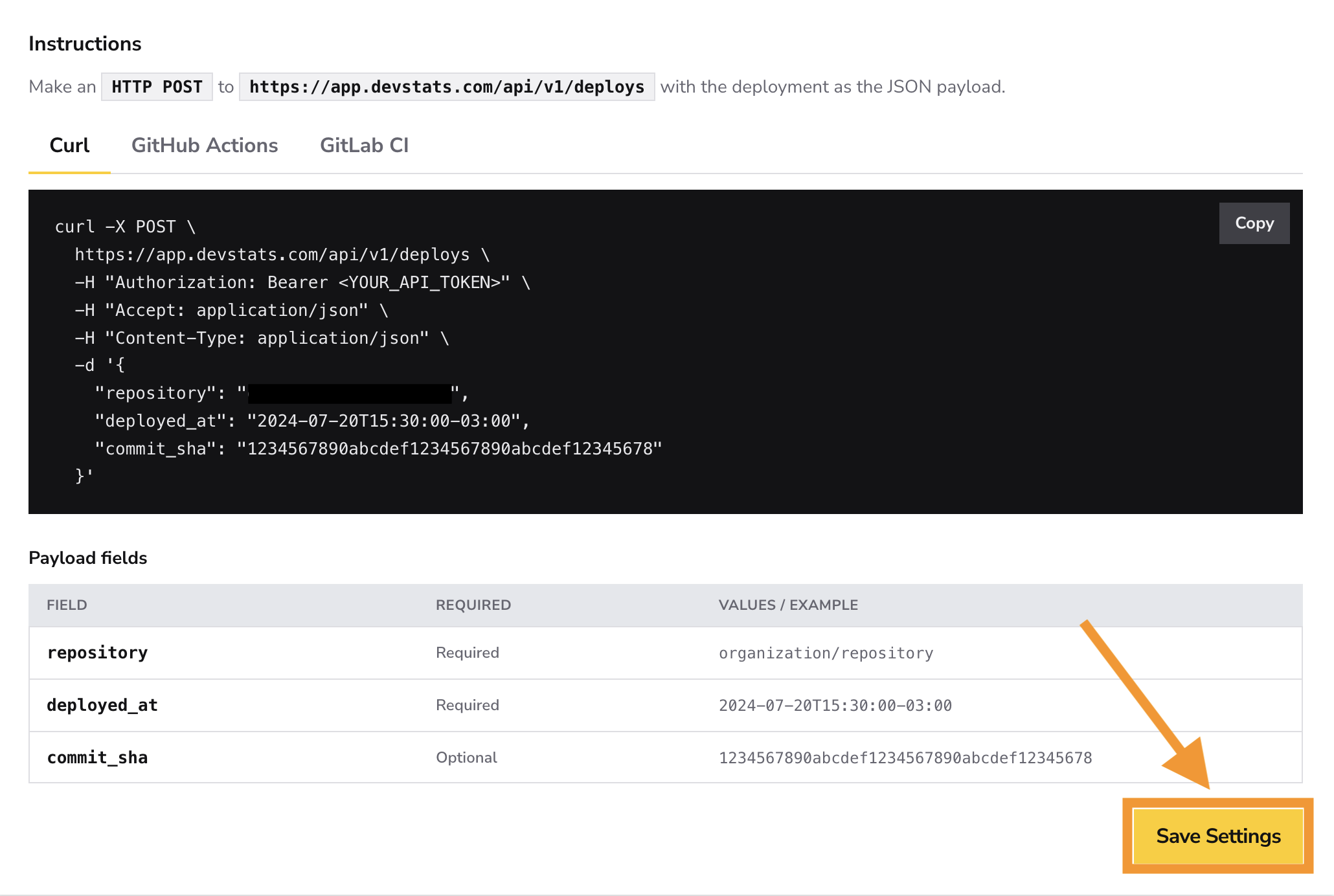 Instruções do payload da API e botão Save Settings destacado