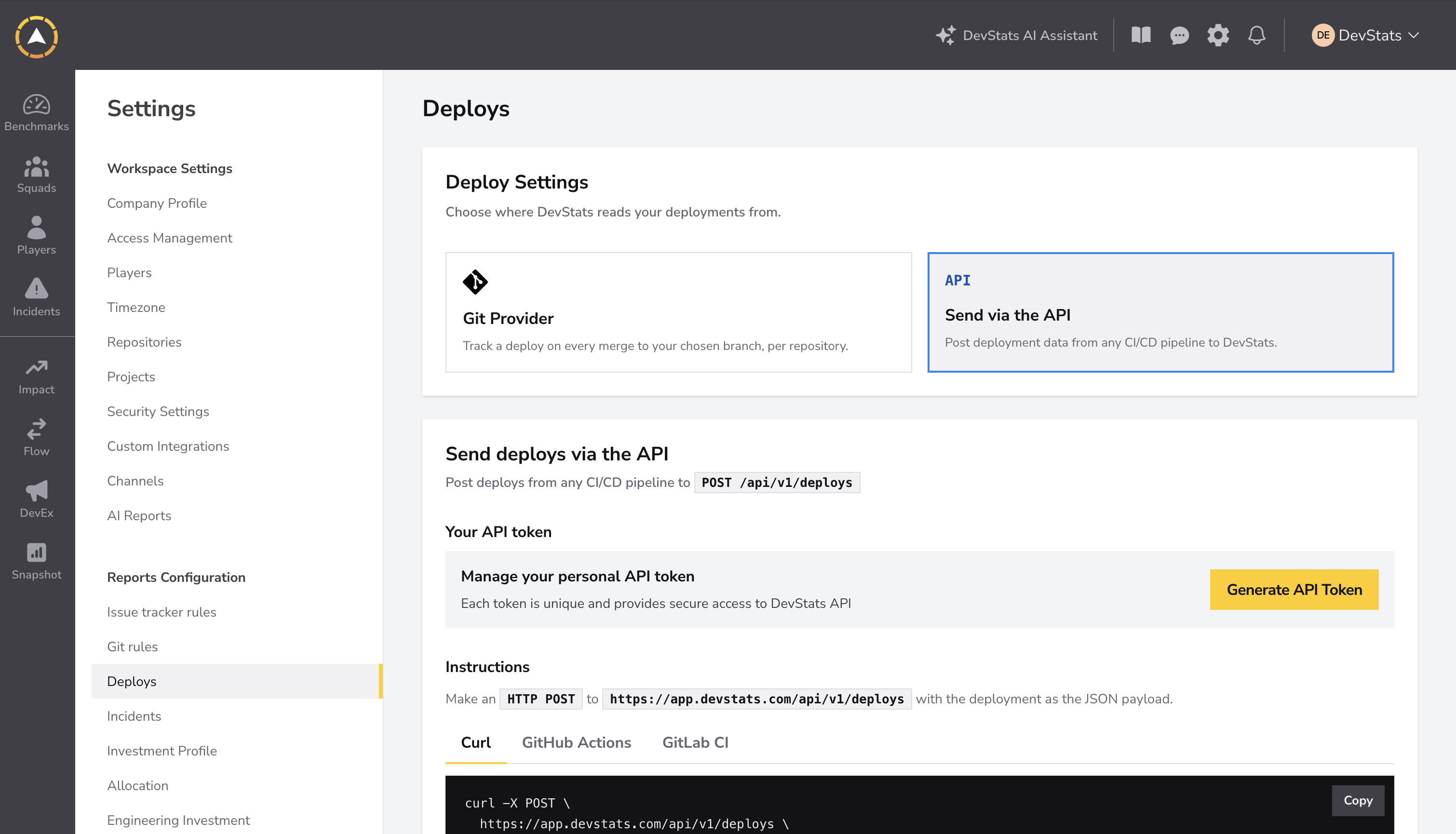 Settings Deploys com Send via the API selecionado