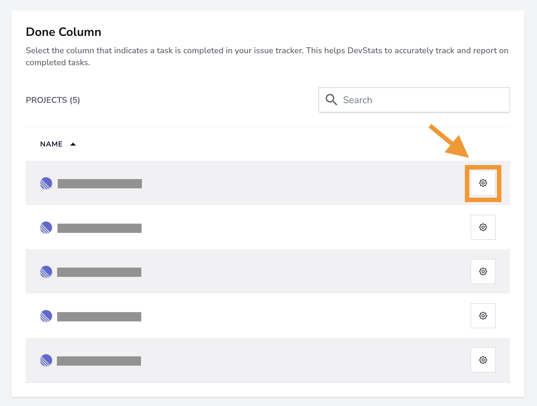 Done Column project list with the configuration gear highlighted