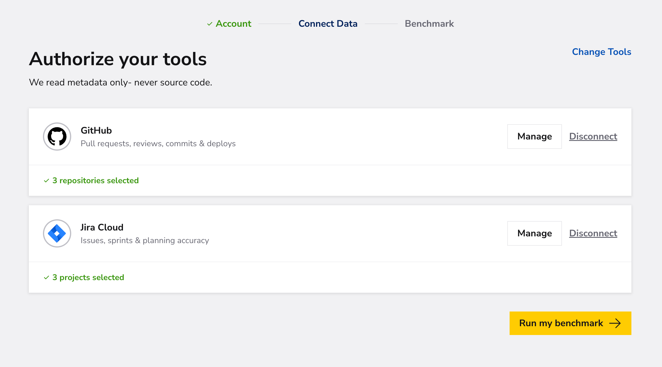 Authorized GitHub and Jira Cloud tools ready to run a free benchmark