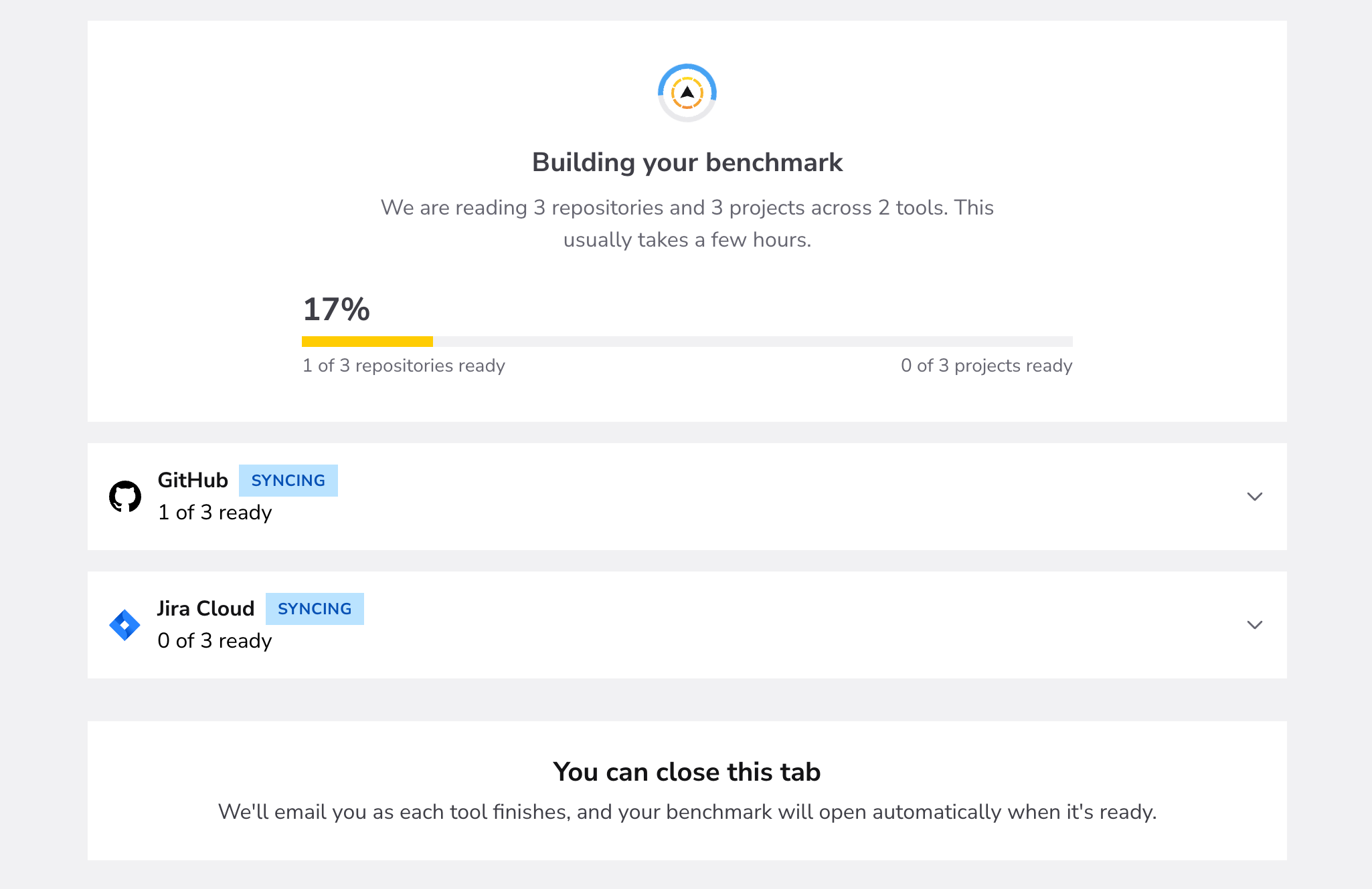 Free benchmark build progress for connected repositories and projects
