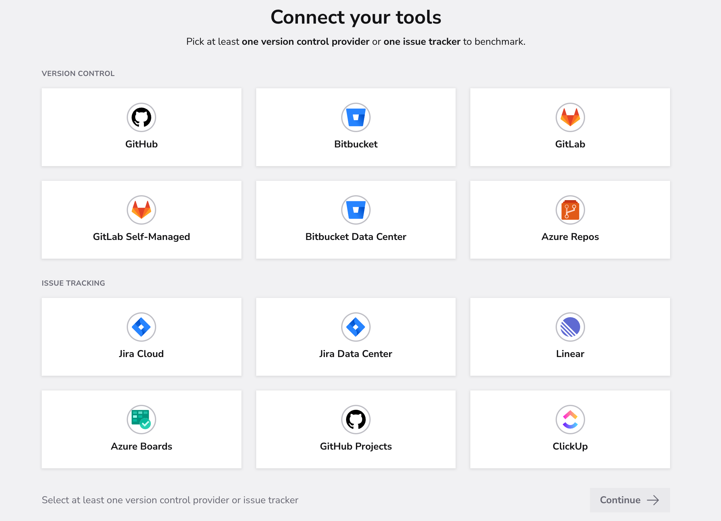 Free Benchmarks screen for choosing version control providers and issue trackers