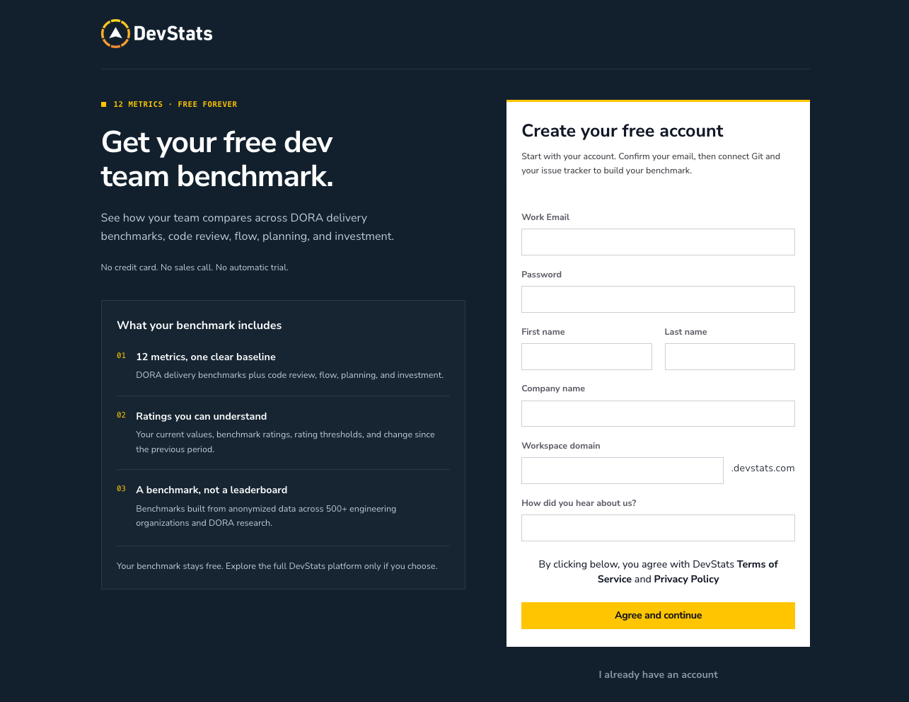 Free Benchmarks registration page with an empty account form