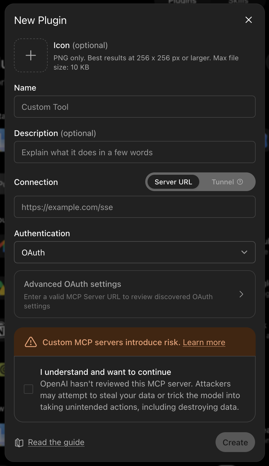 Modal New Plugin com autenticação OAuth