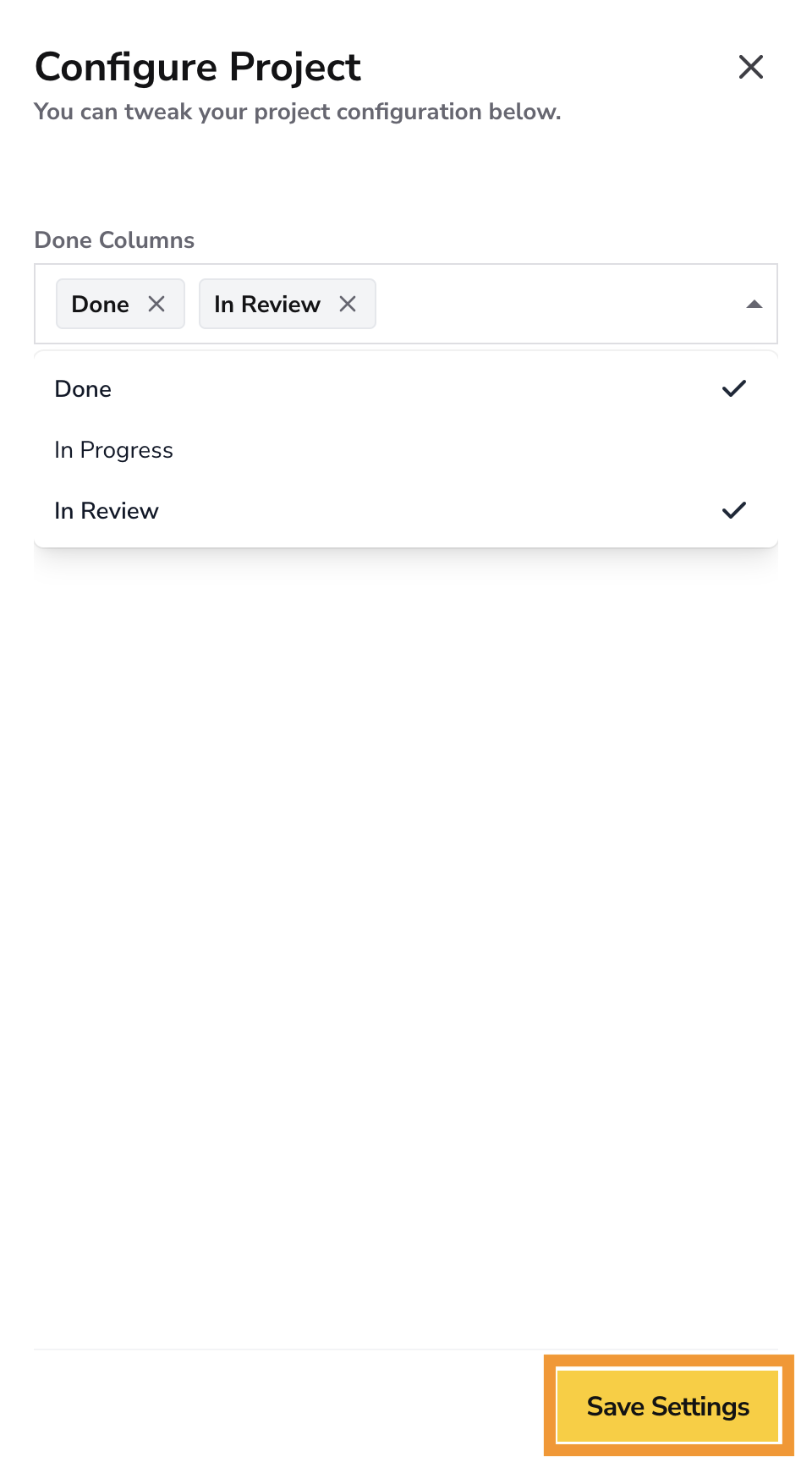 Configure Project panel showing multiple selected Done Columns and Save Settings