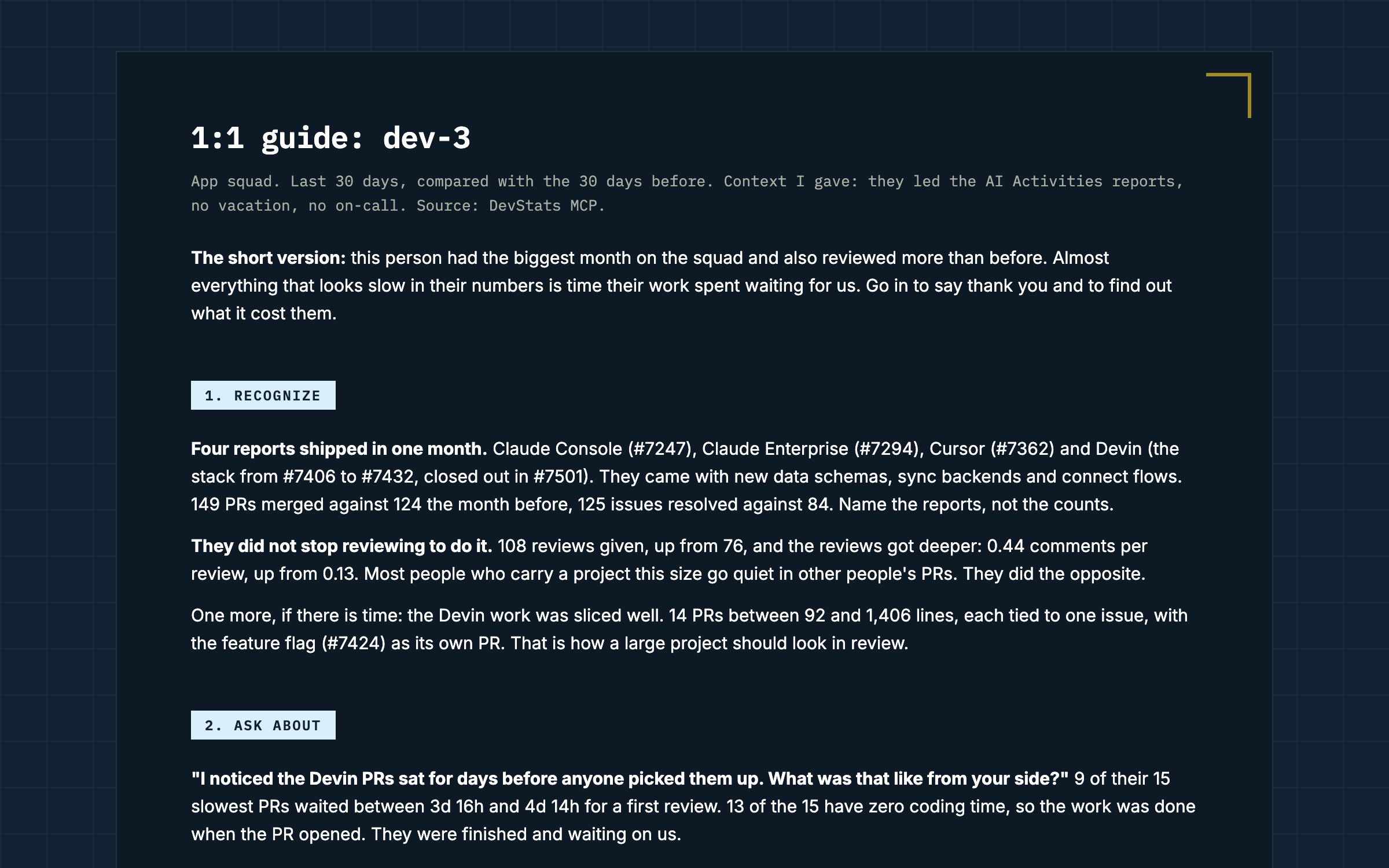 Conversation guide — Prepare a 1:1 with a developer